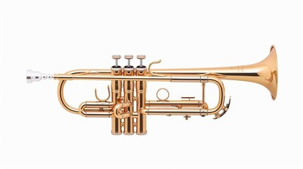 Obraz premium A trumpet clipart, brass instrument element, photorealistic, golden hue, isolated on white background