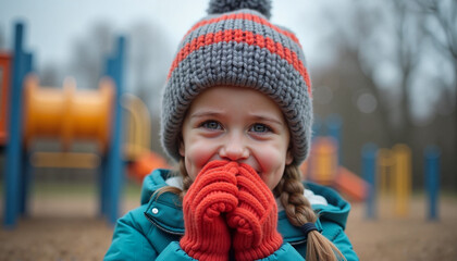Smiling girl wearing knitted hat and gloves at outdoor playground in winter