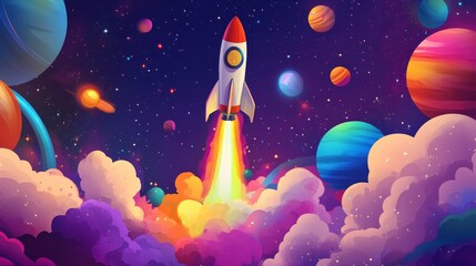 Cartoon rocket is launching into space, surrounded by colorful planets and clouds. The rocket is leaving a trail of fire and smoke as it ascends