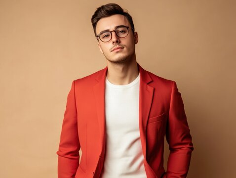 Stylish young man in a red blazer posing against a neutral background