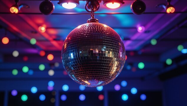 A vibrant disco-themed scene featuring a disco ball as both subject and backdrop