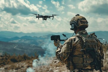 Soldier operating a drone in a field, wearing camouflage gear and helmet, with the drone hovering in the air during a reconnaissance mission