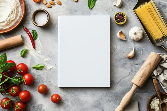 Blank cookbook surrounded by pizza ingredients, including tomatoes, garlic, basil, flour, and mozzarella, on a kitchen countertop
