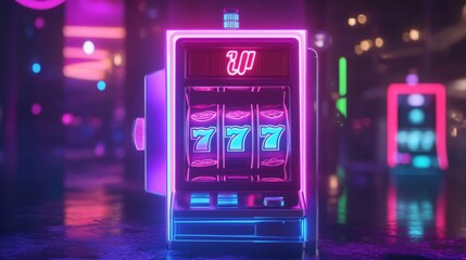 Neon slot machine with 80s color palette and bending symbols
