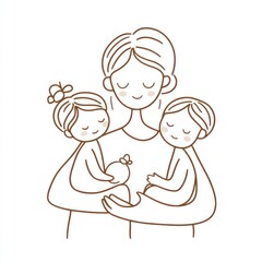 Simple line drawing of a mother holding two children in her arms Generative AI