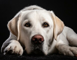 Perro labrador blanco tumbado sobre fondo negro