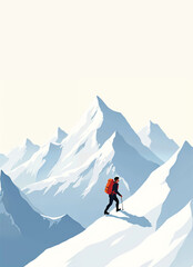 a man is hiking up a snowy mountain peak with a red backpack on white background