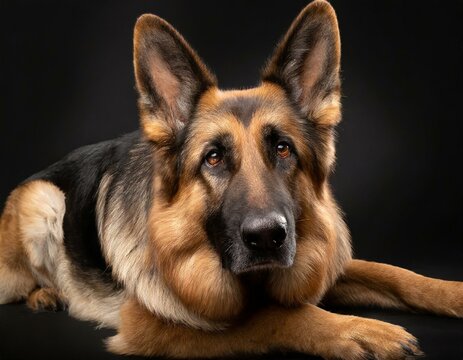 Retrato de un perro pastor aleman tumbado en el suelo sobre fondo negro