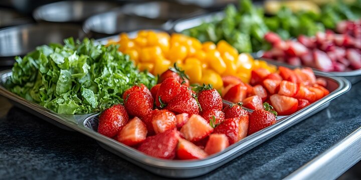 Beautifully arranged lunch box The background is a blurred university cafeteria. Gives a feeling of care and attention to detail. It can be used to promote catering services or recommend food menus.