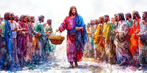 Fototapeta premium Jesus feeding the multitudes with loaves and fish in watercolor style Generative AI