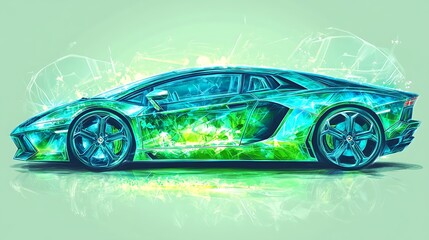 A green and blue sports car with a digital art effect on a light green background.