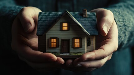 Hands enveloping a model home, the concept of home insurance and protection.