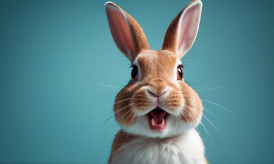 Fototapeta premium Happy Easter. Bunny rabbit hare on color studio background. Surprised funny emotion, Expressive young rabbit standing in front, making a face. Baby greeting card. Blue pastel color background.