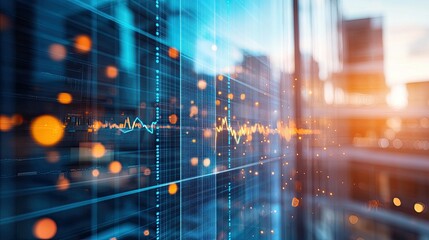 Virtual financial graph hologram on blurry modern office building background 