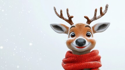 Smiling cartoon reindeer in a red scarf enjoys snowfall, perfect for festive designs. Cute, happy, and ideal for holiday projects