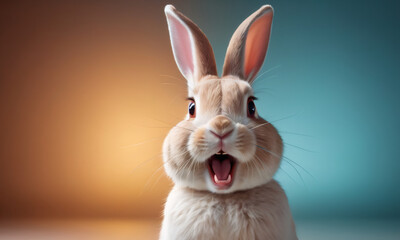 Obraz premium Happy Easter. Bunny rabbit hare on color studio background. Surprised funny emotion, Expressive young rabbit standing in front, making a face. Baby greeting card. Blue yellow pastel color background.