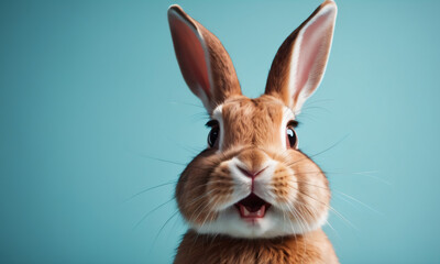 Obraz premium Happy Easter. Bunny rabbit hare on color studio background. Surprised funny emotion, Expressive young rabbit standing in front, making a face. Baby greeting card. Blue pastel color background.