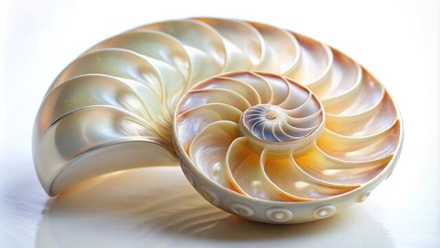 Extreme close-up of a pearl shell from a nautilus pompilius on a white background