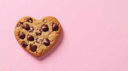 A heart-shaped chocolate chip cookie on a pink background.