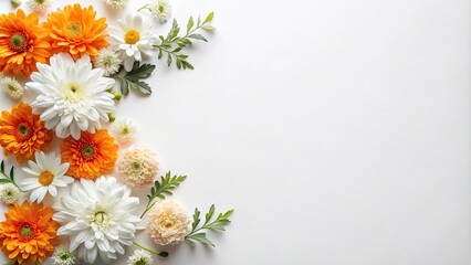 Obraz premium Extreme close-up of flat lay white and orange flower on white background