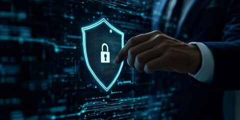 Fototapeta premium Businessman touching a digital virtual shield with a padlock icon on a hologram screen Businessman touching a digital virtual shield