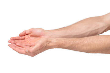 Side view of male hands clasped together in a begging or holding gesture, palms slightly cupped. The hands are isolated on a transparent background, PNG file, showing the profile of the gesture