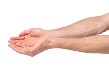 Side view of male hands clasped together in a begging or holding gesture, palms slightly cupped. The hands are isolated on a transparent background, PNG file, showing the profile of the gesture