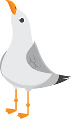 Cartoon seagull standing with its beak open looking up. This bird illustration has orange beak and legs and grey and white feathers