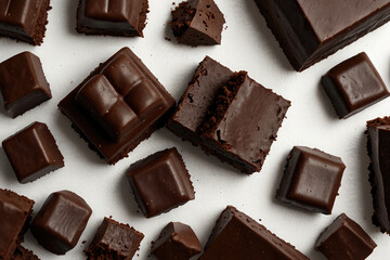 Obraz premium Pile chopped, milled dark chocolate flying isolated on white, top view