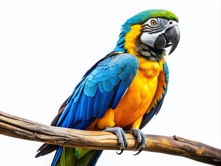 Fototapeta premium Stunning Blue and Yellow Macaw Parrot Perched on Branch with Vibrant Feathers Against White Background