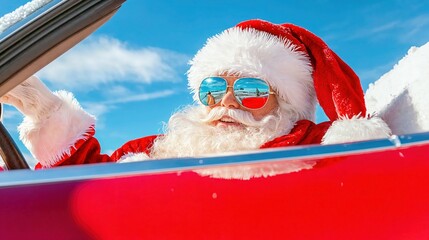 Santa Claus driving a red convertible under a sunny sky wearing reflective sunglasses