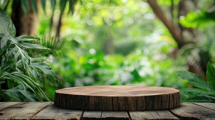 Obraz premium Wood tabletop podium floor in outdoors tropical garden forest blurred green leaf plant nature background.Natural product placement pedestal stand display