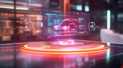  conveyance commercial model on a sleek digital interface, featuring a floating holographic graph in the center, with demand generation pathways that light up in neon colors as users hover over them