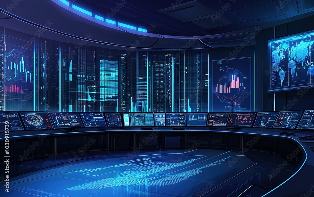 Poster futuristic control room filled with screens displaying data analysis and global maps at nighttime