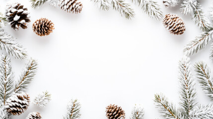 Winter holiday background with snowy pine cones and evergreen branches