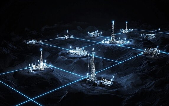 Advanced energy exploration grid illuminated at night showcasing various drilling sites and technology integration