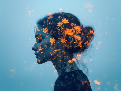 Double Exposure Profile of Woman and Blooming Orange Flowers Against a Blue Background Creating a Dreamy, Surreal Art Composition