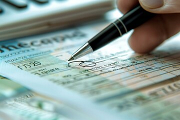 close-up shot of a man's hand circling a 20 euro amount on a tax statement with a pen, emphasizing financial calculation and analysis.