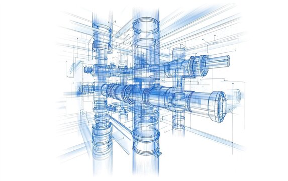 Blueprint of intricate piping system showcasing engineering design in a modern construction environment