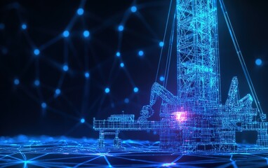 A futuristic oil rig amid a digital network, showcasing advanced tech and connectivity in energy extraction