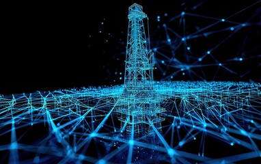 A modern oil drilling rig amidst a network of digital connections and data streams at night