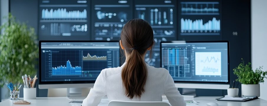 Professional woman analyzing data on screens