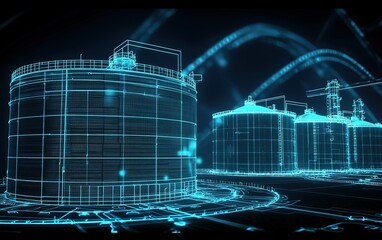 3D rendering of industrial storage tanks with digital elements illustrating modern technology and infrastructure development