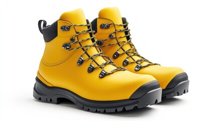pair of yellow hiking boots isolated on white, clipped cutout