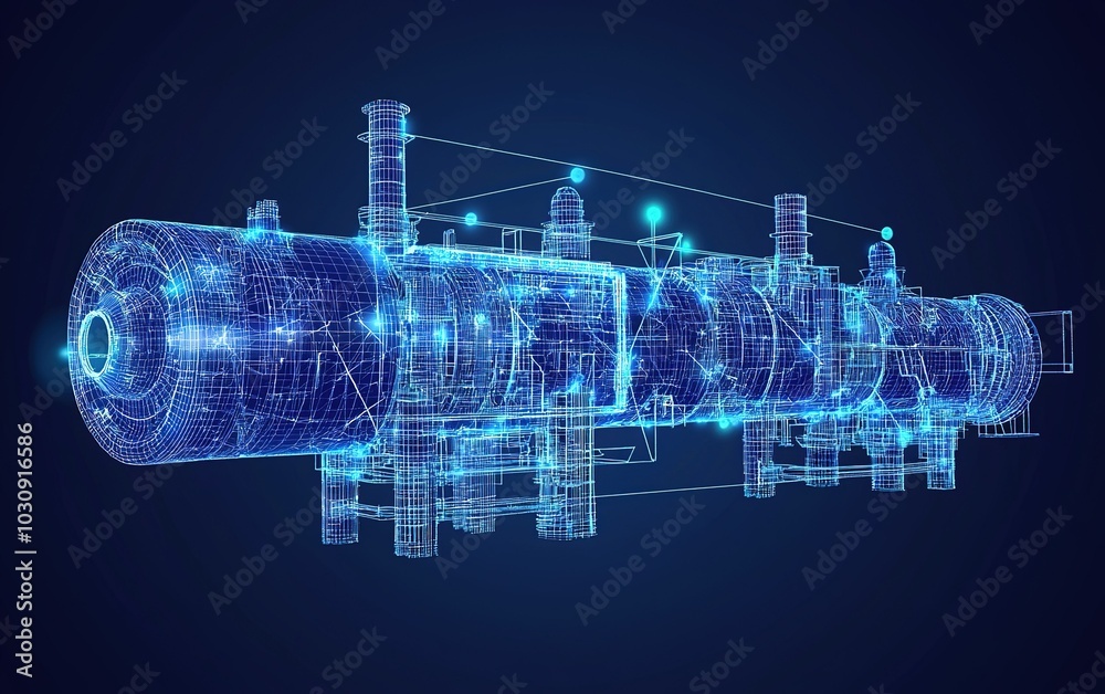 Poster advanced 3d rendering of a futuristic industrial machine displayed against a dark background showcas