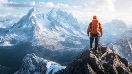 Person hiking rocky mountain peak is wearing orange Climber back