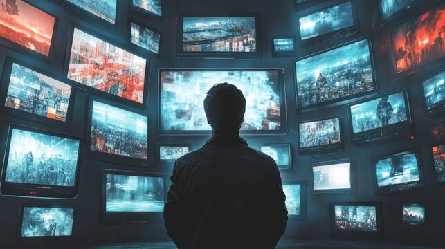 Person watching a lot of TV screens. Propaganda and fake news concept. Politicians manipulate society with help of public television