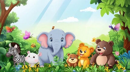 Zoo Animals on Nature Background. A group of animals are together on a nature background with text area.