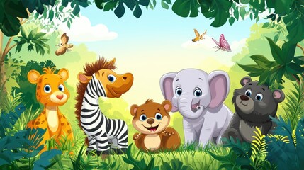 Fototapeta premium Zoo Animals on Nature Background. A group of animals are together on a nature background with text area.