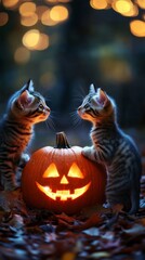 Naklejka premium Two cute kittens play on fallen leaves, gazing at a glowing pumpkin in a dark forest, creating a spooky halloween atmosphere in october